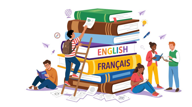 Illustration of diverse students studying around a large stack of language textbooks with a playful and educational mood.