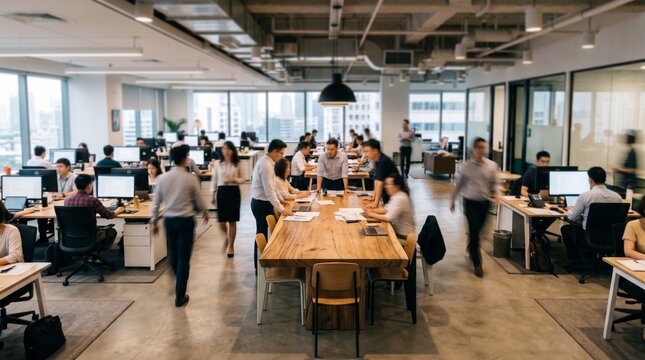 Busy office space with people working at desks and collaborating around a large wooden table in a modern workplace environment with city views