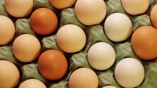 Fresh farm chicken eggs in a cardboard tray, isolated and gently rotating on a turntable