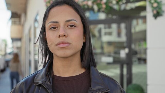 Young hispanic woman face with neutral expression wearing leather jacket looks at camera on street storefront; quiet confidence.