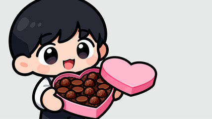 Cute Chibi Boy Holding a Pink Heart Shaped Box of Chocolate Truffles as a Romantic Valentine Gift © MuhammadHaris