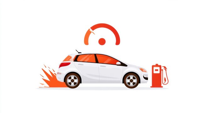 Car has an empty fuel gauge with a fuel pump icon close by, depicting a low fuel situation in a clear flat design on a white background.