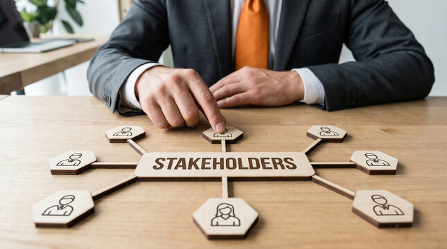 Professional businessman touches a wooden block representing a stakeholder network diagram on a clean office desk