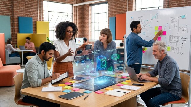 Diverse group of people collaborating on a project with augmented reality technology in a modern office space with brick walls and colorful accents