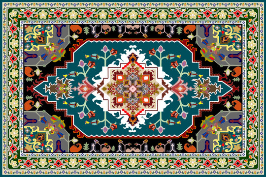 Luxury Floral Persian Carpet Pattern with Ornamental Medallion on Burgundy Background