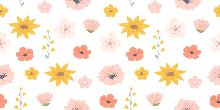 Sunflowers and roses seamless background. Beautiful floral pattern with hand drawn elements. Vector illustration in flat style