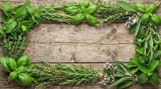 Gourmet herb border with basil rosemary mint and sage on vintage wooden background for culinary design