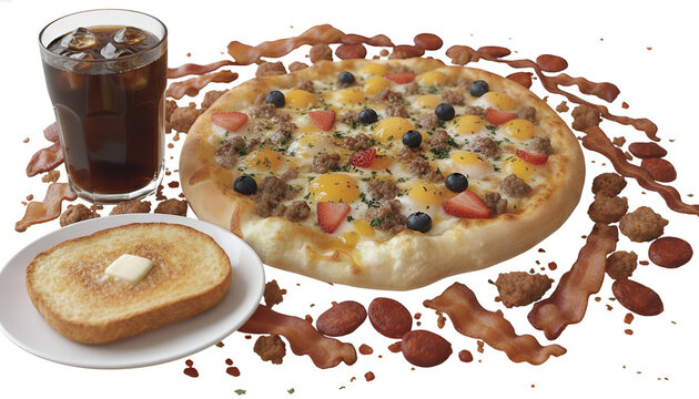 breakfast pizza topped with strawberries, blueberries, sausage, and cheese with bread slice and butter