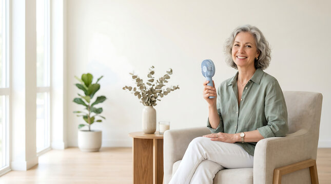 Smiling mature woman using portable misting fan for heat relief at home