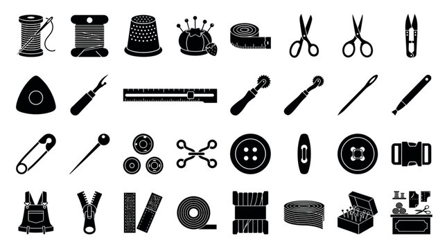 Sewing icons display a variety of essential haberdashery items and tailoring tools used for textile manufacturing, clothing repair, and professional dressmaking projects.