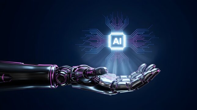 Futuristic robotic arm holding a glowing artificial intelligence microchip symbolizing machine learning, advanced robotics, and the future of AI technology.