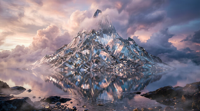 Crystal mountain reflecting on calm water at sunset with clouds