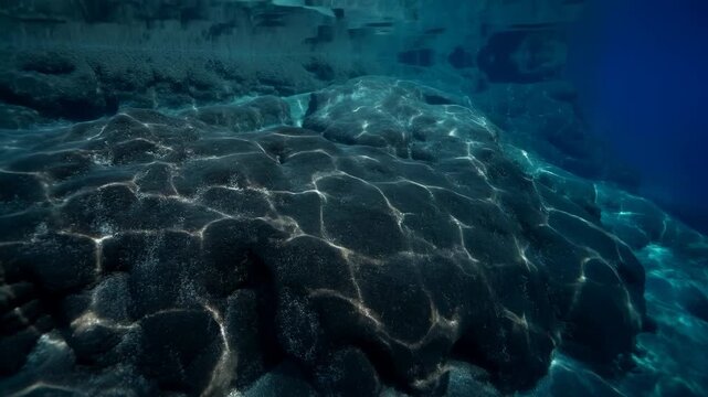Underwater volcanic rock plateau with sunlight caustics over rippled seabed