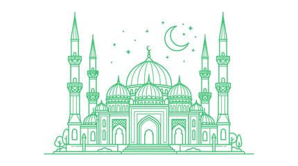 Fototapeta premium Islamic Mosque Architecture, Crescent Moon, Stars, Green Line Art, Night Sky