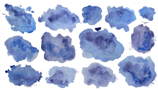 Сolorful set of watercolor  fonds and covers in purple and blue tones. Textures for creating designs. Blots, drops and splashes of spilled water. Paint stains, airy clouds. Clouds and thunderclouds. 