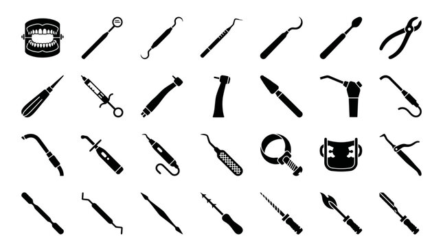 Dental instruments collection showcases various specialized tools used by dentists during oral examinations and procedures.