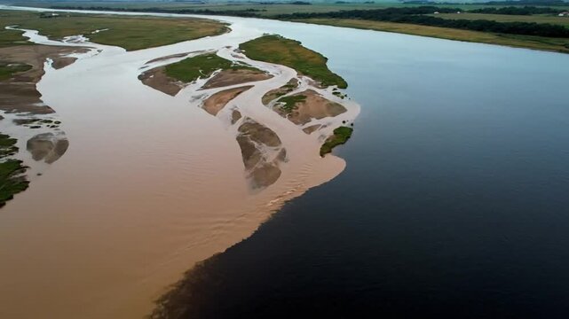Aerial View of a River Delta with Contrasting Water Colors.