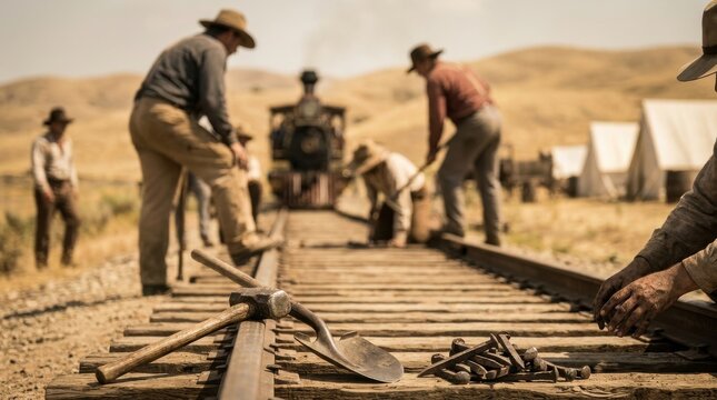 Historical reenactors engaged in building the transcontinental railroad project together