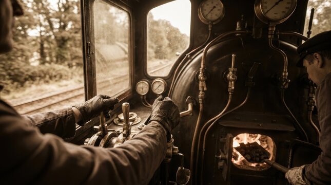 Heritage rail journey steam locomotive crew operating historic train on preserved route
