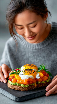 Woman enjoying avocado toast with smoked salmon and poached eggs, healthy gourmet breakfast, nutritious brunch, balanced diet, wellness lifestyle and clean eating food concept