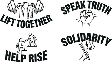 Obraz premium Set of four activism and social movement featuring weightlifting, raised fists, helping hands, and flags with inspirational text labels