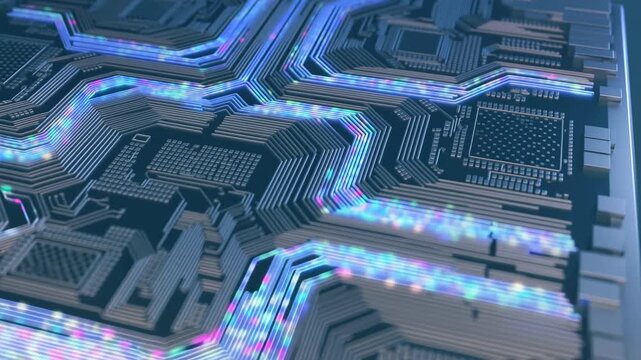 Close-up of layered circuit traces with multicolored signal highlights sweeping diagonally across
