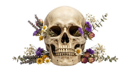 Human skull adorned with dried colorful flowers and eucalyptus © Chanapat