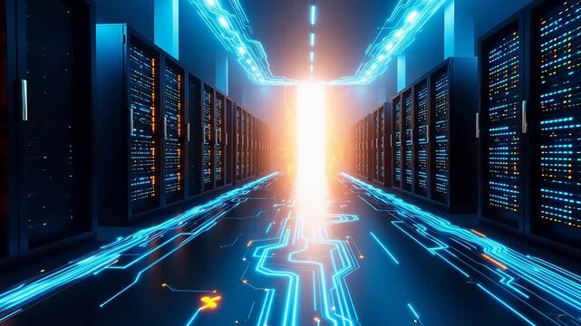 Server room with glowing circuit patterns