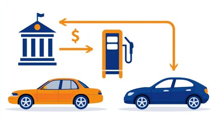 Naklejka premium Diagram illustrates the process of fuel subsidies from government buildings to fuel pumps and then to consumer cars using bold icons.