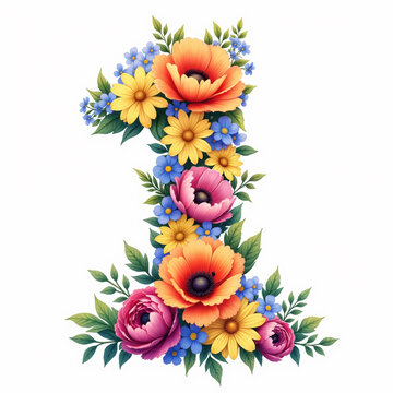 The number one is beautifully illustrated with colorful flowers and leaves on a white background, perfect for a birthday card.