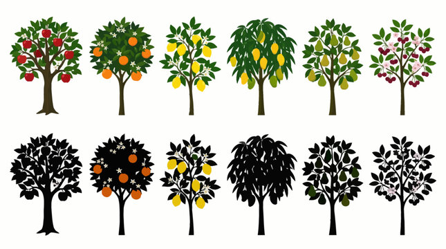 Professional vector collection featuring different fruit tree designs, apple tree, orange tree, lemon tree, mango tree, pear tree, cherry tree