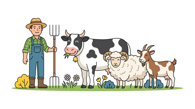 Happy Farmer With Farm Animals - Cow, Sheep, Goat, Vector Illustration