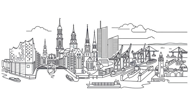 Hamburg Skyline Line Art Drawing with Harbor and Elbphilharmonie