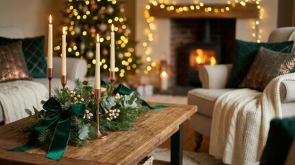 Obraz premium Elegant holiday living room decor with candles and Christmas tree lights