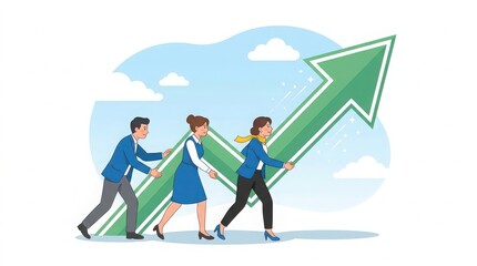 Fototapeta premium Business team working together to push a large green upward growth arrow