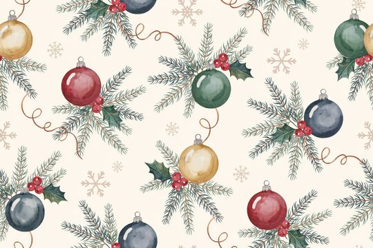 Festive seamless pattern with watercolor christmas baubles, pine branches, holly berries, and snowflakes on a light cream colored background