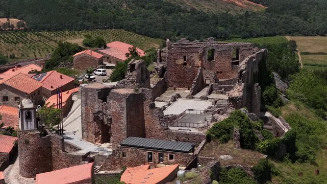 Ancient Stone Castle on Summit. Castelo Rodrigo Aerial Landscape