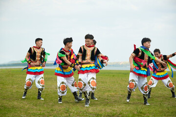 Fototapeta premium Mongolian wrestlers at the Naadam Festival on the grasslands
