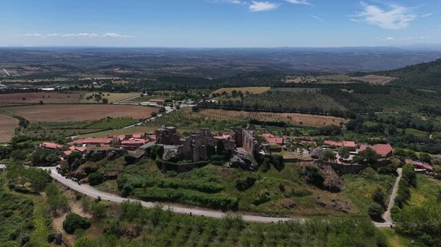Medieval Castle Perched on Hilltop. Castelo Rodrigo Village Aerial View