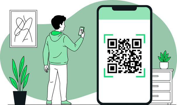 Man scanning qr code with smartphone in modern home setting