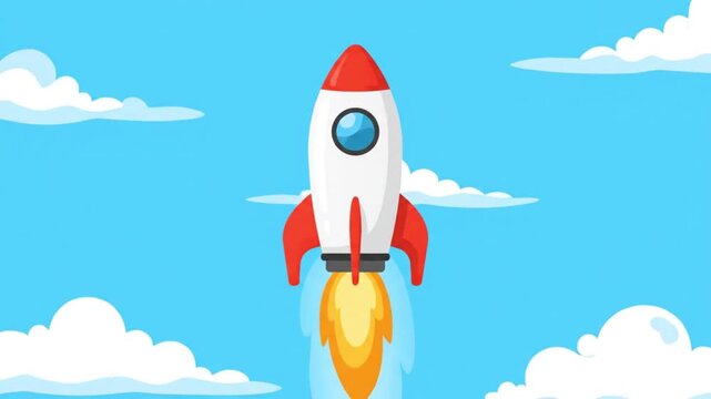 Cartoon Rocket Launching into Blue Sky with Clouds.