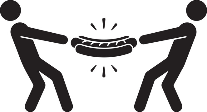 flat stick figure characters fighting over food. black icon solid vector