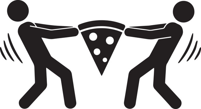flat stick figure characters fighting over food. black icon solid vector