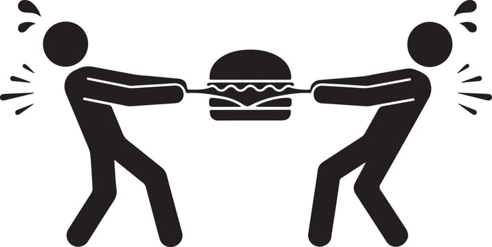 flat stick figure characters fighting over food. black icon solid vector