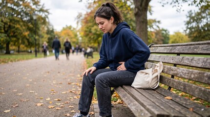 Fototapeta premium Woman sitting on a park bench clutching her stomach in discomfort or pain during autumn with people walking in the background