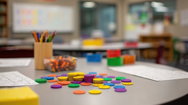 Medium shot of a math enrichment workshop table with colorful fraction circles in sharp focus blurred manipulatives and problemsolving sheets in the background.
