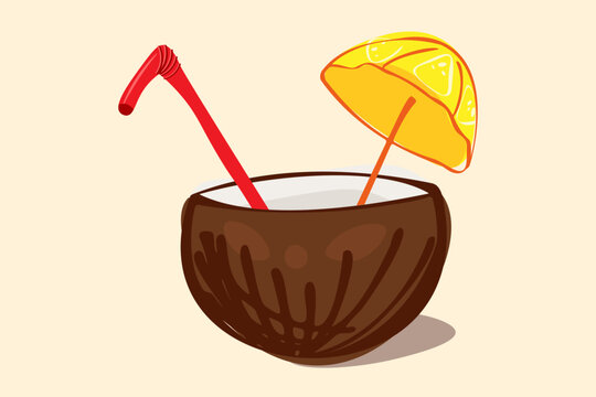 Tropical coconut cocktail drink. Whimsical hand drawn vector illustration, featuring a stylized brown coconut shell cup, a red bendy drinking straw, and a yellow citrus umbrella. 