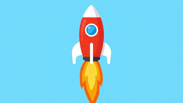 Red Rocket Launching into Blue Sky with Flames.