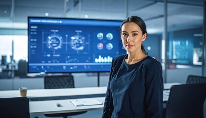 Fototapeta premium Business professional reviewing data analytics on large screen in modern office