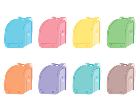 カラフルなランドセルのイラストセット（パステルカラー）学校用品